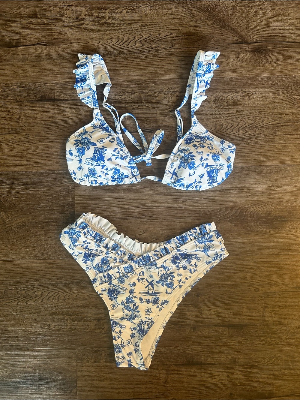 Blue / White Toile Floral Print Bikini Set